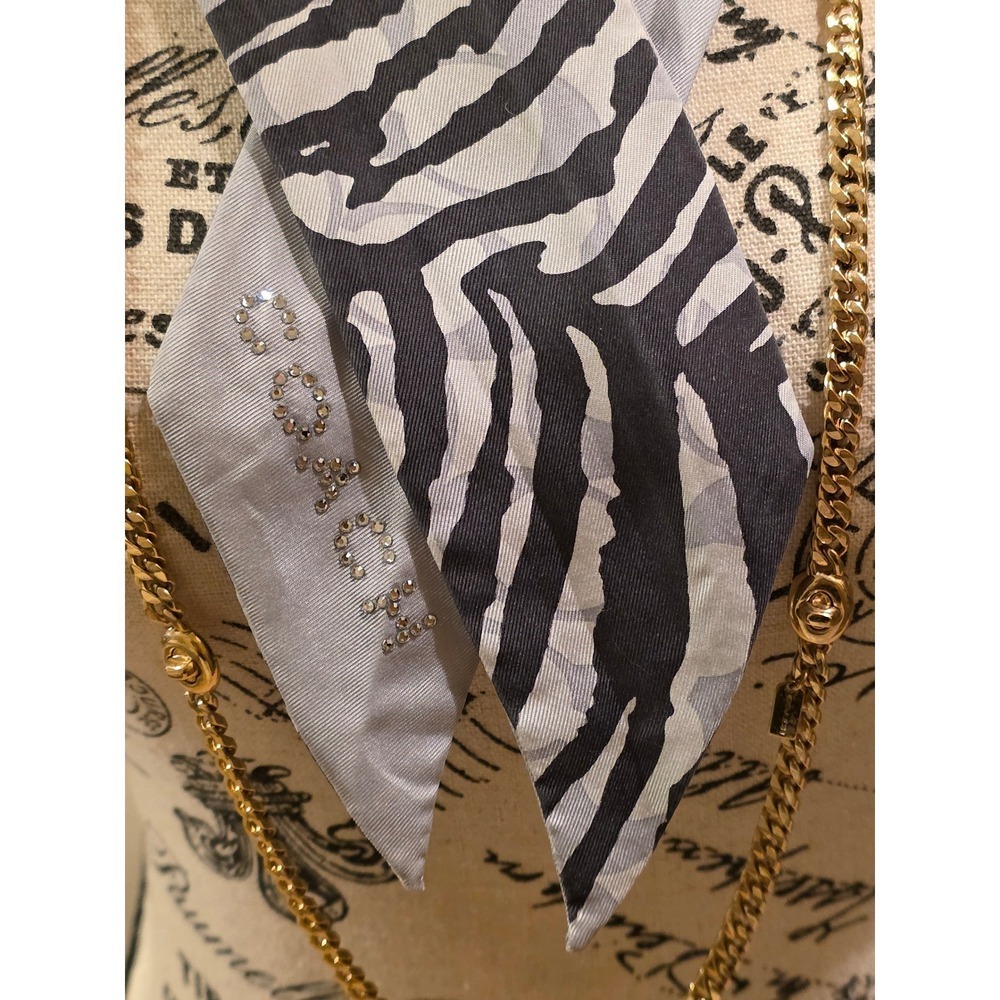 Coach Silk Zebra Signature C Skinny Scarf Rhinestone Logo Black Grey - Picture 4 of 9